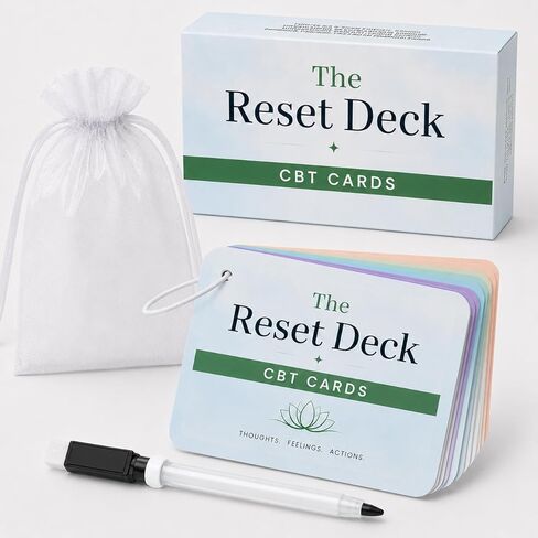 The Reset Deck CBT Cards for Anxiety, Overthinking & Stress – 32 Double-Sided Cognitive Behavioral Therapy Flash Cards with Reflection Cards, Pen, Ring & Carry Pouch in Kuwait