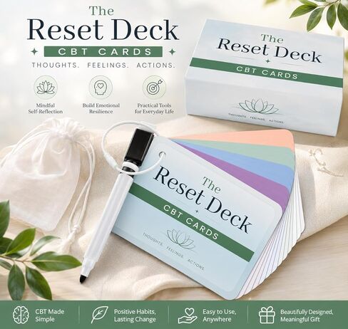 The Reset Deck CBT Cards for Anxiety, Overthinking & Stress – 32 Double-Sided Cognitive Behavioral Therapy Flash Cards with Reflection Cards, Pen, Ring & Carry Pouch in Kuwait