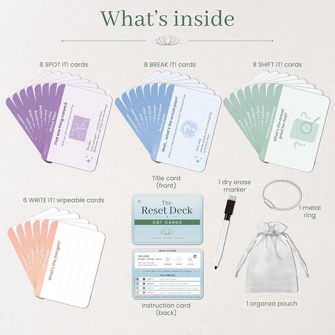 The Reset Deck CBT Cards for Anxiety, Overthinking & Stress – 32 Double-Sided Cognitive Behavioral Therapy Flash Cards with Reflection Cards, Pen, Ring & Carry Pouch in Kuwait