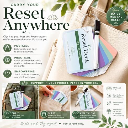 The Reset Deck CBT Cards for Anxiety, Overthinking & Stress – 32 Double-Sided Cognitive Behavioral Therapy Flash Cards with Reflection Cards, Pen, Ring & Carry Pouch in Kuwait