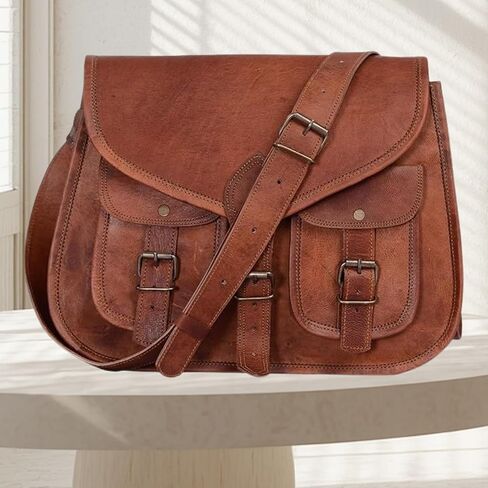 Genuine Leather Messenger Bag for Men & Women | Vintage Brown Leather Shoulder Satchel with Multiple Pockets | Handmade Office Laptop Briefcase Crossbody Bag for Work, Business, Travel & College in Saudi Arabia