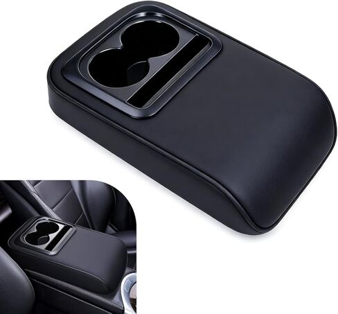 Car Middle Center Console Cover with Cup Holder, Leather Car Armrest Cover, Multi-functional Armrest Storage Pad, Universal for Most Vehicles (Black) in Saudi Arabia