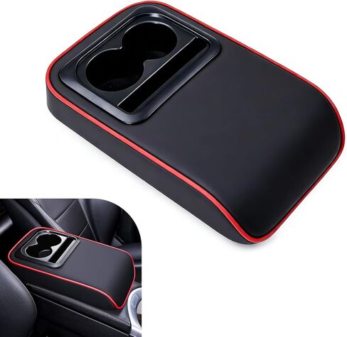 Car Middle Center Console Cover with Cup Holder, Leather Car Armrest Cover, Multi-functional Armrest Storage Pad, Universal for Most Vehicles (Black) in Kuwait