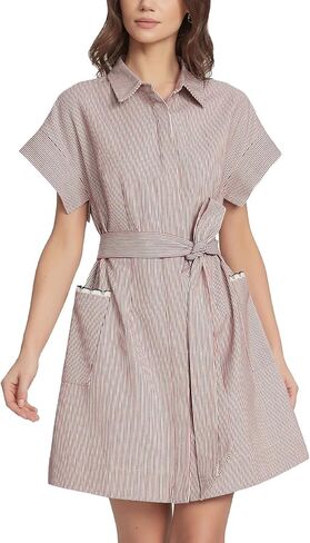 Women's Short Sleeve Striped Mini Shirt Dress Casual Summer Button Down Belted Tunic Dresses with Scalloped Pockets in Saudi Arabia