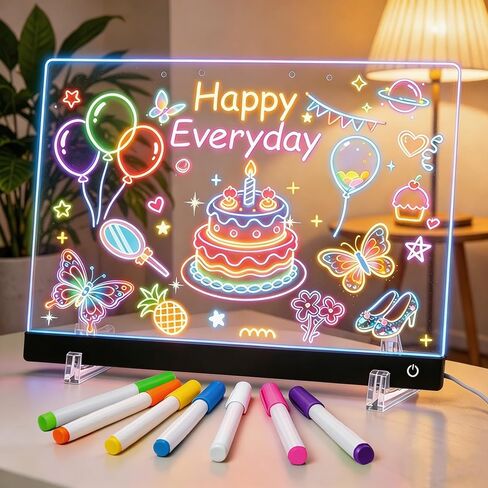 لوحة ملاحظات LED مع 7 ألوان، لوحة رسم متوهجة قابلة لإعادة الشحن مقاس 11.8 × 7.8 بوصة، لوحة مسح جافة مضيئة مع 7 علامات، محول، سلسلة تعليق، تحكم باللمس، فكرة هدية عيد ميلاد in Kuwait