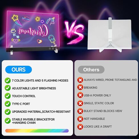 لوحة ملاحظات LED مع 7 ألوان، لوحة رسم متوهجة قابلة لإعادة الشحن مقاس 11.8 × 7.8 بوصة، لوحة مسح جافة مضيئة مع 7 علامات، محول، سلسلة تعليق، تحكم باللمس، فكرة هدية عيد ميلاد in Kuwait