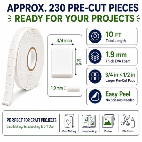 Double Sided Foam Tape, 10 FT Pre-Cut EVA Foam Tape, Approx. 230 Larger Foam Pads, 3/4 x 1/2 in Adhesive Foam Squares, 1.9mm Thick for Card Making, Scrapbooking, Photos, Crafts DIY in Kuwait