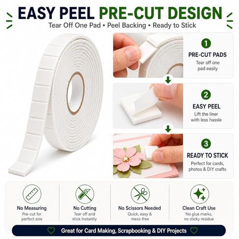Double Sided Foam Tape, 10 FT Pre-Cut EVA Foam Tape, Approx. 230 Larger Foam Pads, 3/4 x 1/2 in Adhesive Foam Squares, 1.9mm Thick for Card Making, Scrapbooking, Photos, Crafts DIY in Kuwait