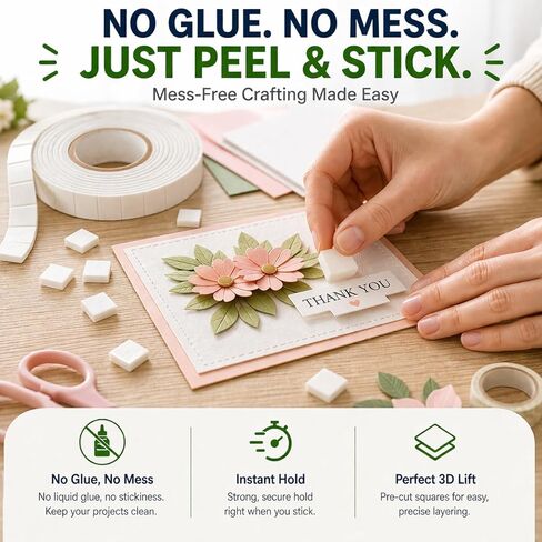 Double Sided Foam Tape, 10 FT Pre-Cut EVA Foam Tape, Approx. 230 Larger Foam Pads, 3/4 x 1/2 in Adhesive Foam Squares, 1.9mm Thick for Card Making, Scrapbooking, Photos, Crafts DIY in Kuwait