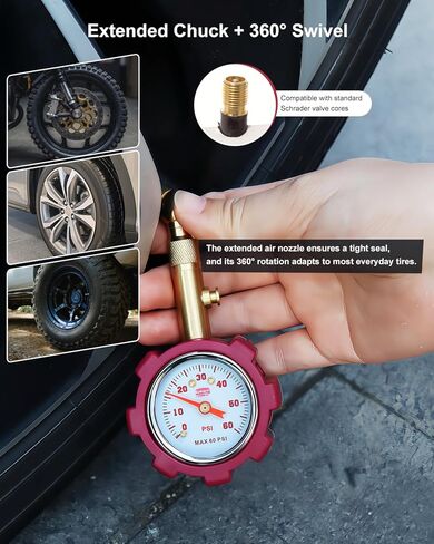 Tire Pressure Gauge – 5–60 PSI Analog Gauge with Pressure Hold, Extended Sealing 360° Swivel Chuck & Dual Protective Shell – Fits All Standard Valve Stems in Saudi Arabia