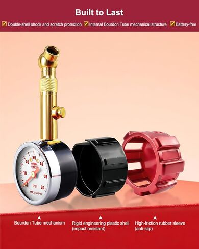 Tire Pressure Gauge – 5–60 PSI Analog Gauge with Pressure Hold, Extended Sealing 360° Swivel Chuck & Dual Protective Shell – Fits All Standard Valve Stems in Saudi Arabia