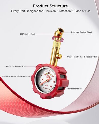 Tire Pressure Gauge – 5–60 PSI Analog Gauge with Pressure Hold, Extended Sealing 360° Swivel Chuck & Dual Protective Shell – Fits All Standard Valve Stems in Saudi Arabia