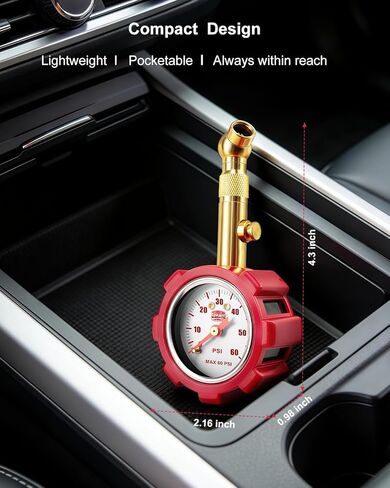 Tire Pressure Gauge – 5–60 PSI Analog Gauge with Pressure Hold, Extended Sealing 360° Swivel Chuck & Dual Protective Shell – Fits All Standard Valve Stems in Saudi Arabia
