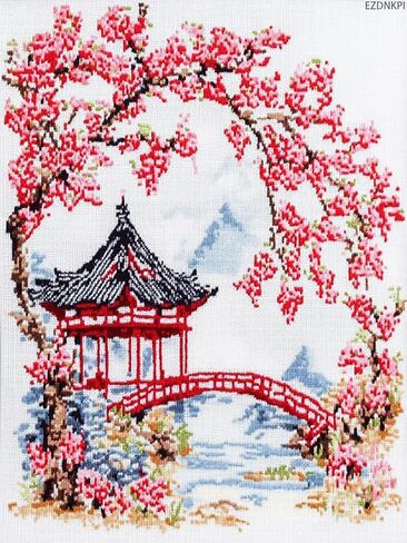 EZDNKPI Japanese Classic Cross Stitch Kit, Cherry Blossom Garden, DIY Cross Stitch Kit for Craft Lovers, Learning Hand Stitch 12x16inch in Kuwait