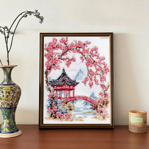 EZDNKPI Japanese Classic Cross Stitch Kit, Cherry Blossom Garden, DIY Cross Stitch Kit for Craft Lovers, Learning Hand Stitch 12x16inch in Kuwait