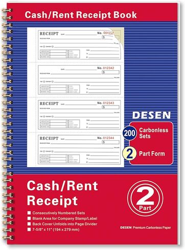 DESEN Money and Rent Receipt Book, 2-Part Carbonless, 7-5/8" x 11" Spiral Bound, 200 Sets, 4 Receipts Per Page, Wraparound Cover in Saudi Arabia