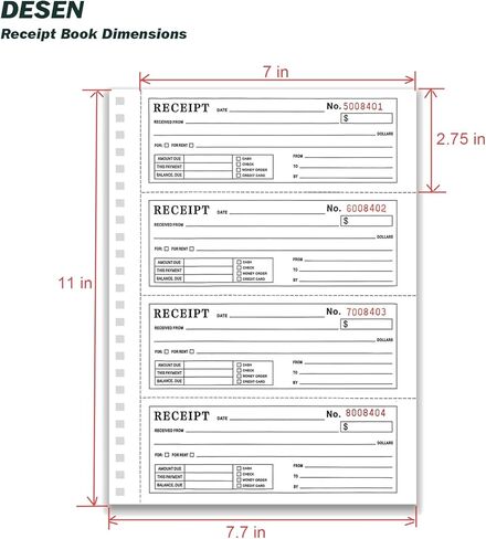 DESEN Money and Rent Receipt Book, 2-Part Carbonless, 7-5/8" x 11" Spiral Bound, 200 Sets, 4 Receipts Per Page, Wraparound Cover in Saudi Arabia