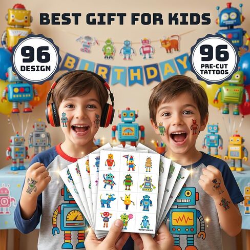 96PCS Cute Robot Temporary Tattoos Pre-Cut Themed Birthday Party Decorations Supplies Favors Cool Funny Science Robotic Gear Up Robots Tattoo Sticker Gifts For Kids Boys Girls School Prizes Carnival in Saudi Arabia