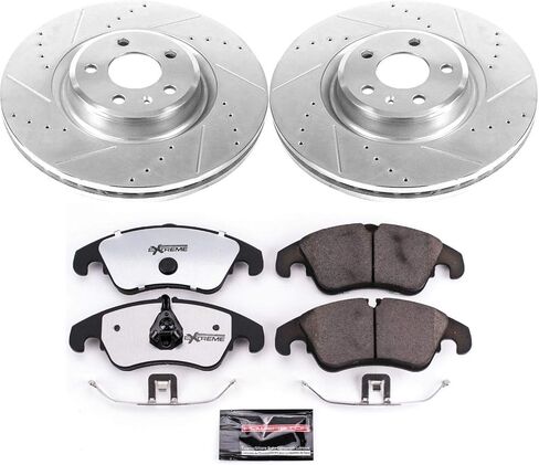 PowerStop Front Brake Kit for Audi A6 2014-15 |A6 Quattro 2014-15 |A7 Quattro 2014-15 |Q5 2013-16 |S4 2012-16 - Carbon-Fiber Ceramic Z26 Brake Pads + Drilled & Slotted Rotors Upgrade, K6140-26 in Kuwait