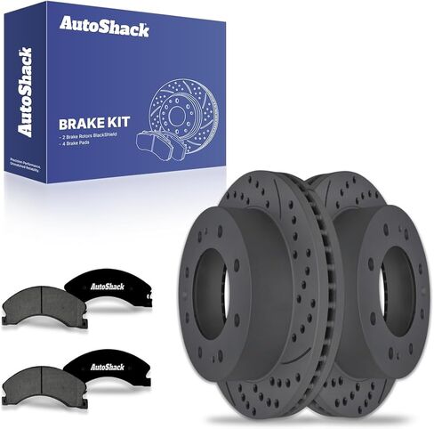 AutoShack Front Brake Rotors & Premium Pads for Chevrolet, Silverado 2500 HD 2011-2019, 4WD RWD V8 6.0L 6.6L - Coated Drilled & Slotted - Black Matte Finish - BlackShield - 13.98" (355 mm), 8-Lug in Kuwait