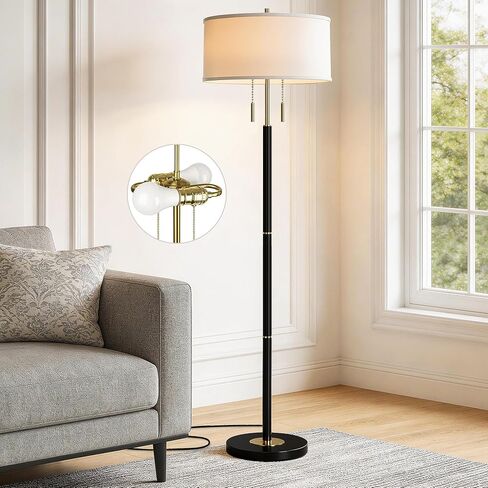 2-Light Mid Century Modern Floor Lamp, Standing Lamp with Fabric Shade and Pull Chain Switch, Tall Floor Lamp for Living Room, Bedroom,Office Corner (Black, 2X 3CCT Bulb Included) in Saudi Arabia