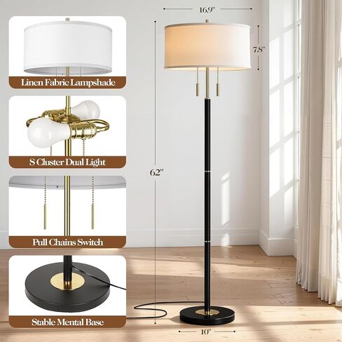 2-Light Mid Century Modern Floor Lamp, Standing Lamp with Fabric Shade and Pull Chain Switch, Tall Floor Lamp for Living Room, Bedroom,Office Corner (Black, 2X 3CCT Bulb Included) in Saudi Arabia