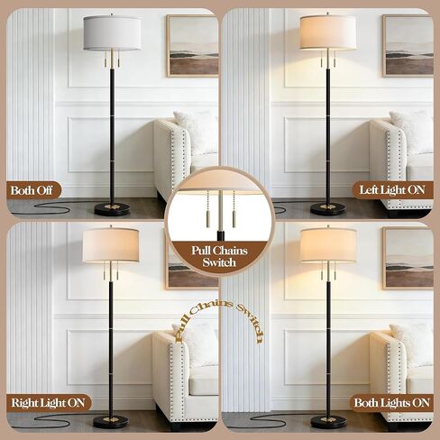 2-Light Mid Century Modern Floor Lamp, Standing Lamp with Fabric Shade and Pull Chain Switch, Tall Floor Lamp for Living Room, Bedroom,Office Corner (Black, 2X 3CCT Bulb Included) in Saudi Arabia