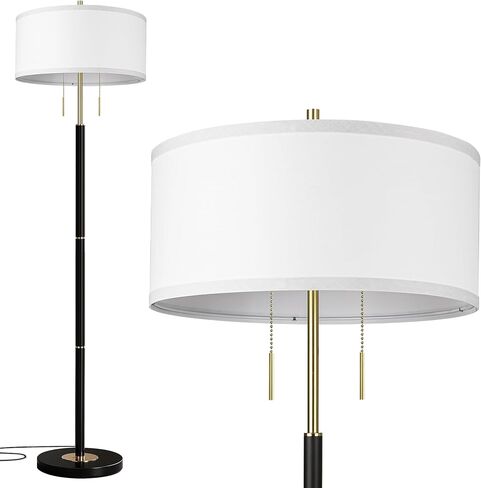 2-Light Mid Century Modern Floor Lamp, Standing Lamp with Fabric Shade and Pull Chain Switch, Tall Floor Lamp for Living Room, Bedroom,Office Corner (Black, 2X 3CCT Bulb Included) in Saudi Arabia