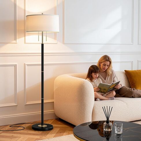 2-Light Mid Century Modern Floor Lamp, Standing Lamp with Fabric Shade and Pull Chain Switch, Tall Floor Lamp for Living Room, Bedroom,Office Corner (Black, 2X 3CCT Bulb Included) in Saudi Arabia