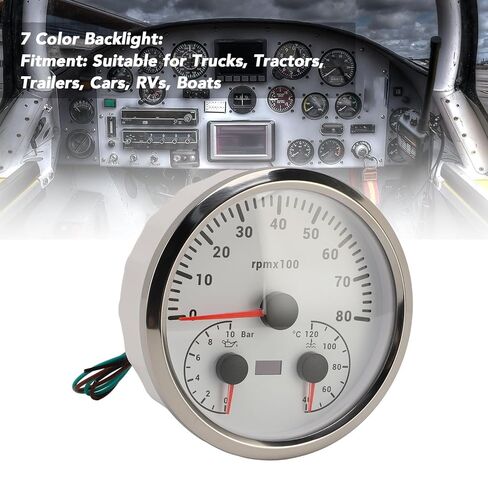 3 in 1 Tachometer Oil Pressure Gauge Water Temp Gauge 4 3/8in 8000rpm 0 to 10bar 40 to 120℃ 7 Colors Backlit for RV Yacht Truck (White Dial Silver Bezel) in Kuwait