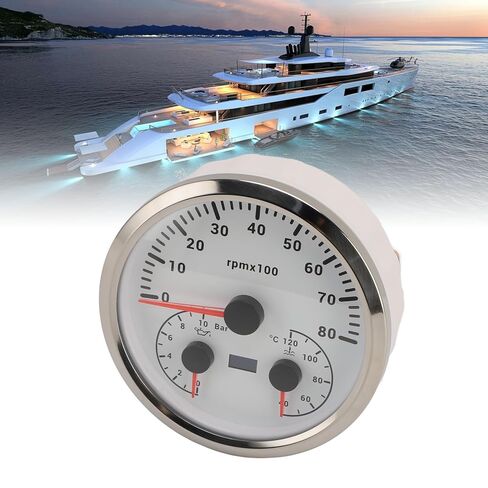 3 in 1 Tachometer Oil Pressure Gauge Water Temp Gauge 4 3/8in 8000rpm 0 to 10bar 40 to 120℃ 7 Colors Backlit for RV Yacht Truck (White Dial Silver Bezel) in Kuwait
