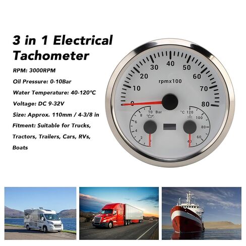 3 in 1 Tachometer Oil Pressure Gauge Water Temp Gauge 4 3/8in 8000rpm 0 to 10bar 40 to 120℃ 7 Colors Backlit for RV Yacht Truck (White Dial Silver Bezel) in Kuwait