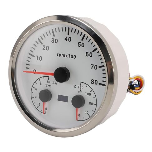 3 in 1 Tachometer Oil Pressure Gauge Water Temp Gauge 4 3/8in 8000rpm 0 to 10bar 40 to 120℃ 7 Colors Backlit for RV Yacht Truck (White Dial Silver Bezel) in Kuwait