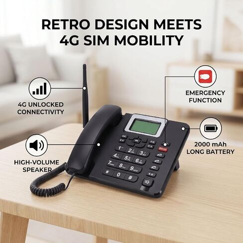 Tangxi 4G GSM هاتف أرضي لاسلكي مع بطاقة SIM، هاتف مكتب GSM كلاسيكي لاسلكي مع SOS في حالات الطوارئ، سهل الاستخدام للعمل أو العائلة in Kuwait