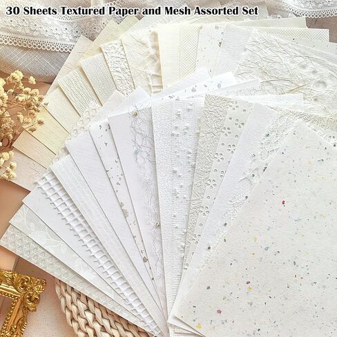 30 Sheets A5 White Textured Scrapbook Paper and Mesh Fabric Mix, Scrapbook Supplies for Junk Journaling, Scrapbooking, Card Making Supplies, Decorative Paper for Crafts & Mixed Media Art in Saudi Arabia