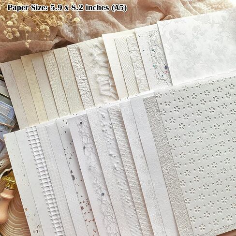 30 Sheets A5 White Textured Scrapbook Paper and Mesh Fabric Mix, Scrapbook Supplies for Junk Journaling, Scrapbooking, Card Making Supplies, Decorative Paper for Crafts & Mixed Media Art in Saudi Arabia