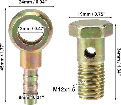 X AUTOHAUX 1Set Banjo Bolt Kit M12x1.5 Banjo Bolt Hose Barb Fittings Brake Line Fitting Adapter with Copper Washers for Motorcycle Car Iron Bronze Tone in Kuwait
