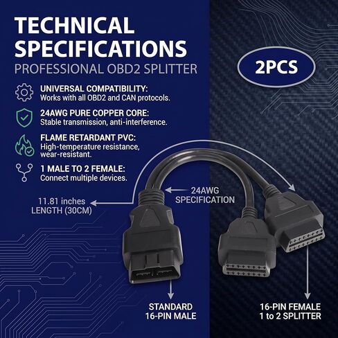 1 PC OBD2 Splitter, 1 Male to 2 Female 16-pin Y-shaped Extension Cable, Plug and Play Diagnostic Adapter, Universal for Most Vehicles (Black) in Saudi Arabia