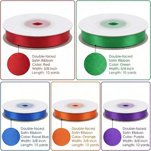 3/8 Inch Satin Ribbon Set – 10 Rolls Rainbow Double Face Ribbon for Gift Wrapping, 10 Yards Each (Total 100 Yards), Decorative Ribbon for Presents & Party Favors in Kuwait