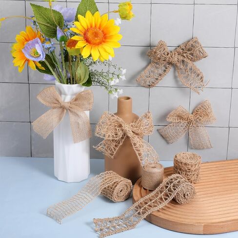 4 Rolls Burlap Wired Ribbon 1.6-1.8 Inch x 8.7 Yard Burlap Ribbon Jute Lace Ribbons for Gift Wrapping, Bows Making, Wreath Decoration, Holiday Party Home Decor, Brown in Saudi Arabia