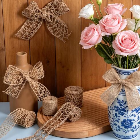 4 Rolls Burlap Wired Ribbon 1.6-1.8 Inch x 8.7 Yard Burlap Ribbon Jute Lace Ribbons for Gift Wrapping, Bows Making, Wreath Decoration, Holiday Party Home Decor, Brown in Saudi Arabia