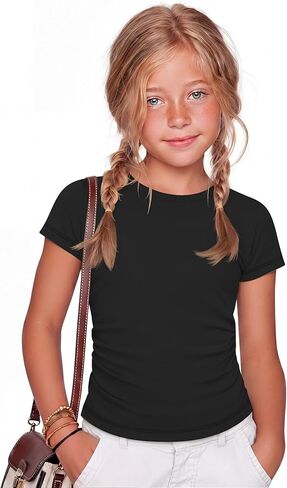 Girls Short Sleeve T Shirt Kids Crewneck Slim Fit Tee Ruched Side Summer Soft Basic Casual Top 5-14 Years in Saudi Arabia