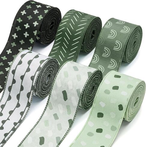 6 Rolls Sage Green Boho Wired Edge Ribbons, 24 Yards 2.5 in Trendy Mint Green Boho Patterns Gift Wrapping Ribbon for Birthday DIY Crafts Bow Wreath Shadow of Green Party Decorations in Saudi Arabia