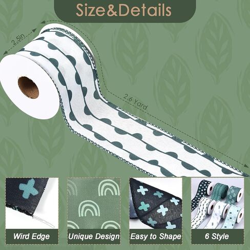 6 Rolls Sage Green Boho Wired Edge Ribbons, 24 Yards 2.5 in Trendy Mint Green Boho Patterns Gift Wrapping Ribbon for Birthday DIY Crafts Bow Wreath Shadow of Green Party Decorations in Saudi Arabia