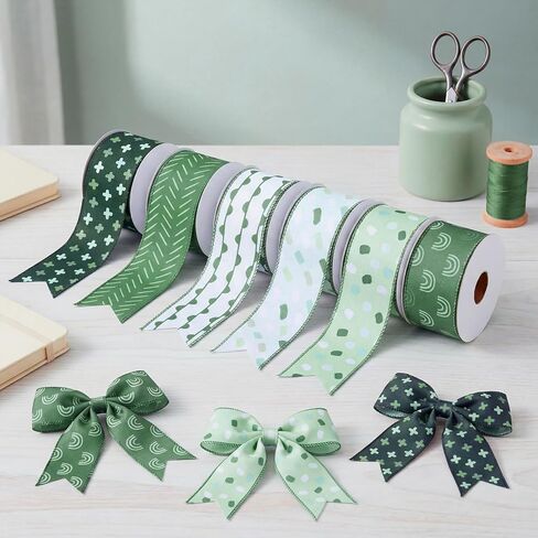 6 Rolls Sage Green Boho Wired Edge Ribbons, 24 Yards 2.5 in Trendy Mint Green Boho Patterns Gift Wrapping Ribbon for Birthday DIY Crafts Bow Wreath Shadow of Green Party Decorations in Saudi Arabia
