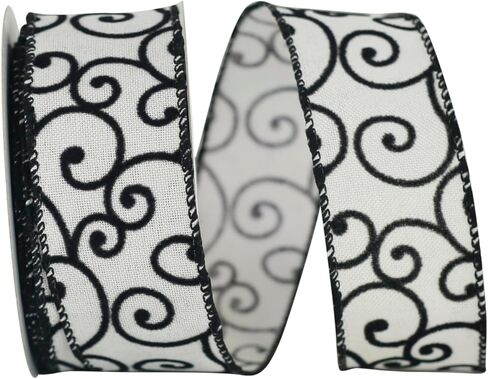 Reliant Ribbon Black And White Swirl Linen Wired Edge Ribbon, 1-1/2 Inch X 10 Yards, Black/white in Kuwait