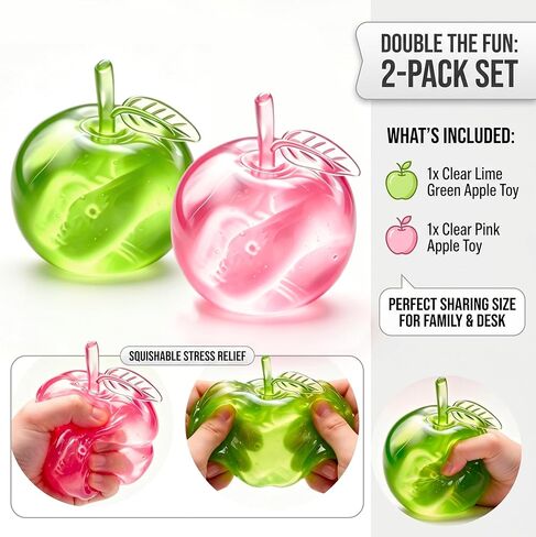 2 Pack Slushy Apple Squishy Toys, Slow Rising Squishy Apple Stress Balls, Clear Cute Fruit Squishy for Kids & Adults Relaxation & Sensory Play (Pink+Green) in Saudi Arabia