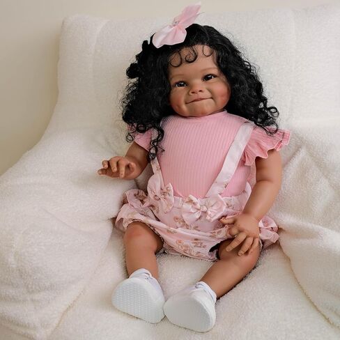 Reborn Toddler Dolls Black Girl 24 Inch Lifelike Black Reborn Baby Doll with Long Hair Realistic Smile Toddler Dolls Girl Weighted Real Life Reborn Doll Toys with Accessories Gift for Kids in Saudi Arabia