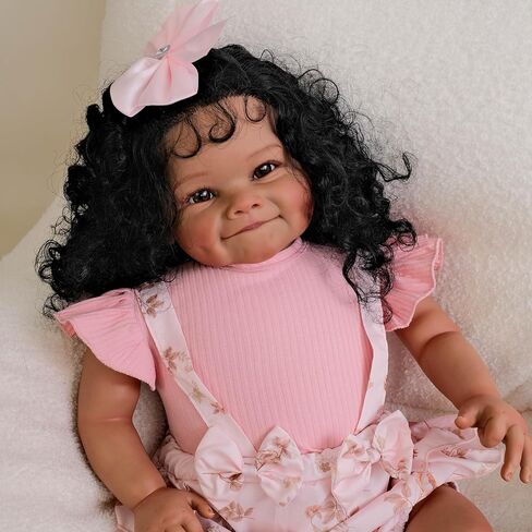 Reborn Toddler Dolls Black Girl 24 Inch Lifelike Black Reborn Baby Doll with Long Hair Realistic Smile Toddler Dolls Girl Weighted Real Life Reborn Doll Toys with Accessories Gift for Kids in Saudi Arabia