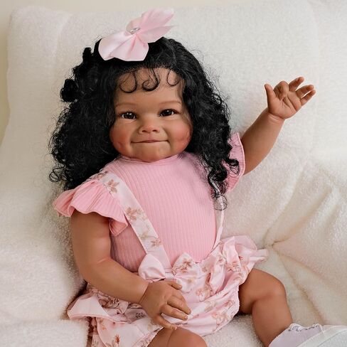 Reborn Toddler Dolls Black Girl 24 Inch Lifelike Black Reborn Baby Doll with Long Hair Realistic Smile Toddler Dolls Girl Weighted Real Life Reborn Doll Toys with Accessories Gift for Kids in Saudi Arabia